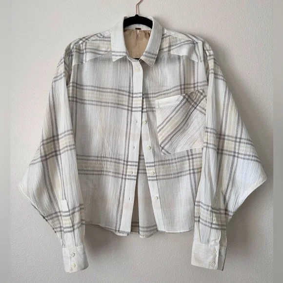 FREE PEOPLE Cutie Plaid Button Down Shirt Top Blouse Dolman Sleeves Ivory SM - Picture 16 of 16